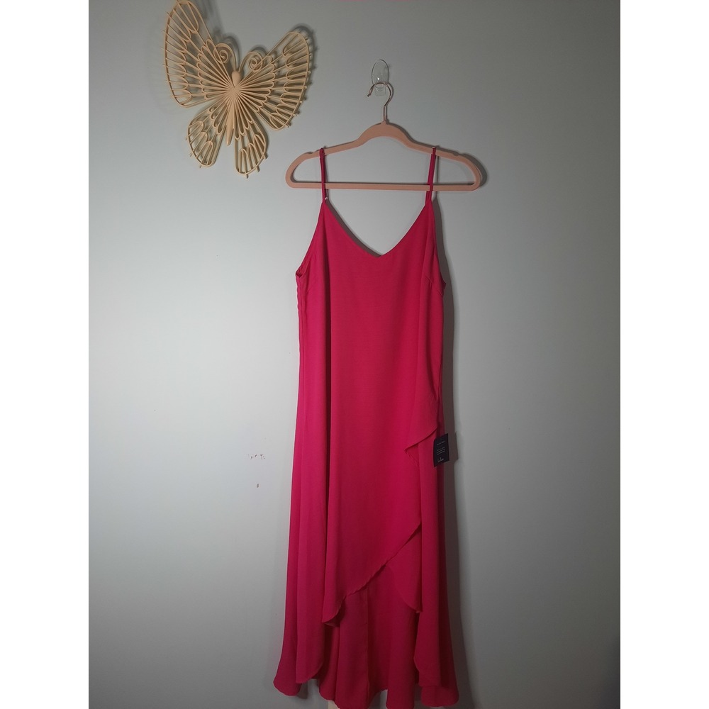 Lulus Magenta Pink High-Low Ruffle Midi Dress V-Neck Adjustable Straps Large NWT